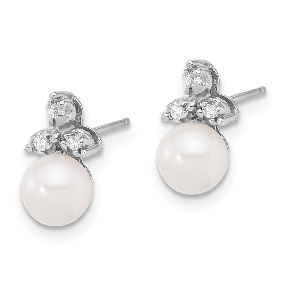 14K White Gold 5-6mm White Round Freshwater Cultured Pearl .06 Carat Diamond Post Earrings