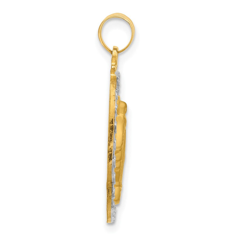 14K Yellow Gold and Rhodium Polished and Satin Solid Miraculous Medal Oval Pendant
