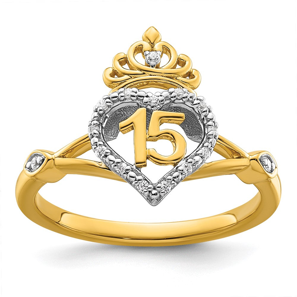 14K Two-Tone Gold Two-tone Polished Diamond Quinceanera Heart/Crown Ring