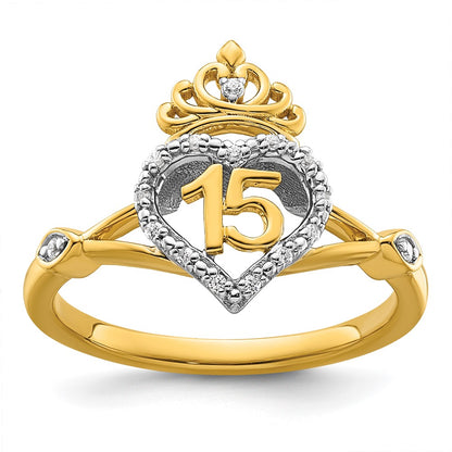 14K Two-Tone Gold Two-tone Polished Diamond Quinceanera Heart/Crown Ring
