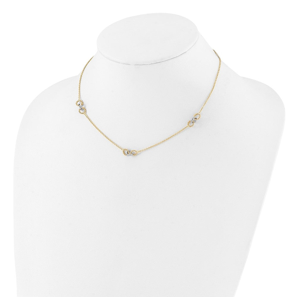 14K Two-Tone Gold Two-tone Linked and Beaded Circles 3-Station 16 Inch Necklace Plus 2 Inch Extender