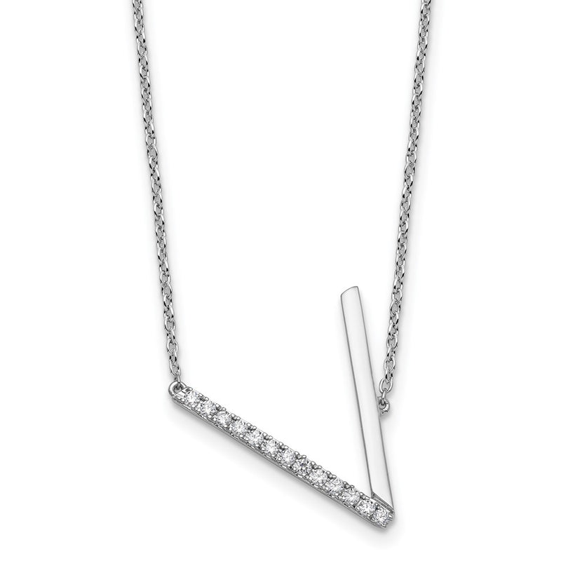 14K White Gold Sideways Diamond Initial V 18 Inch Necklace