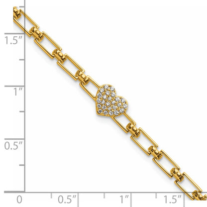 14K Yellow Gold Polished Complete 1/6 carat Diamond Heart Cluster Fancy Link 7 Inch Bracelet with 1 Inch Extender