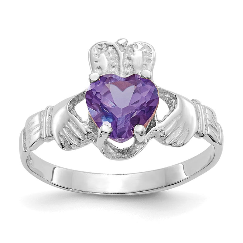 14K White Gold June CZ Heart Birthstone Claddagh Ring