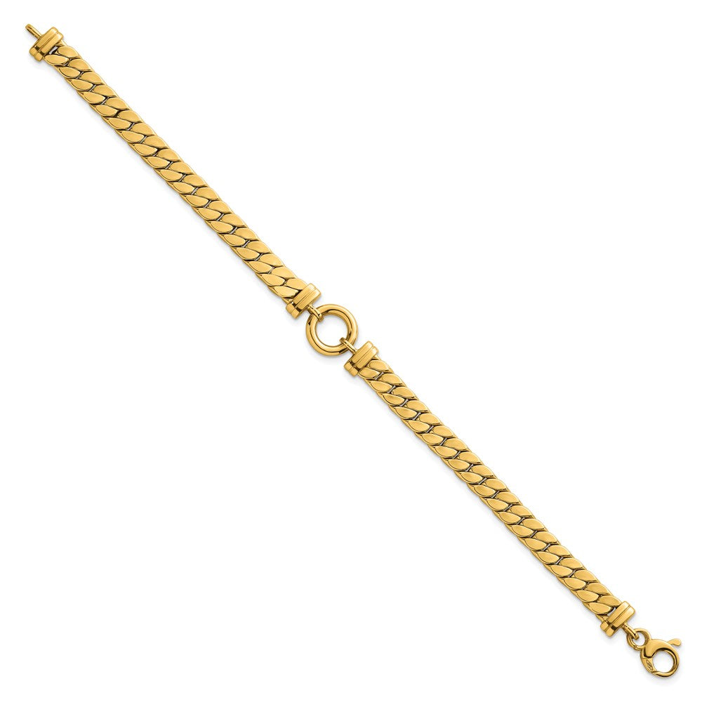 14K Yellow Gold Polished Flat Curb Link with Center Circle Element 7.5 Inch Bracelet