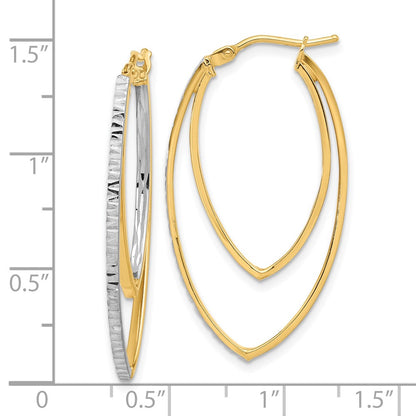 14K Yellow Gold Polished and Rhodium Diamond-cut V Shape Hoop Earrings