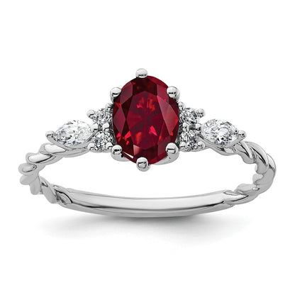 14K White Gold Diamond and 7x5 Oval July/Lab Created Ruby Size 7 Twisted Ring