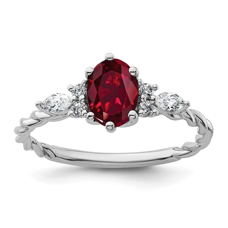 14K White Gold Diamond and 7x5 Oval July/Lab Created Ruby Size 7 Twisted Ring