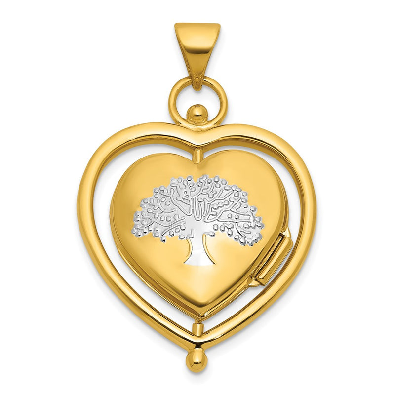 14K Yellow Gold and Rhodium Tree of Life and Flowers in Spinning Frame Reversible 15mm Heart Locket