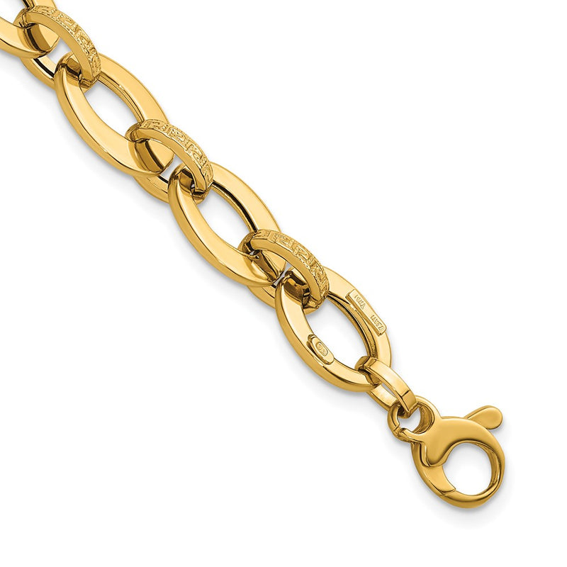 14K Yellow Gold Polished and Textured Greek Key Etched 10mm Fancy Oval Link 7.75 Inch Bracelet