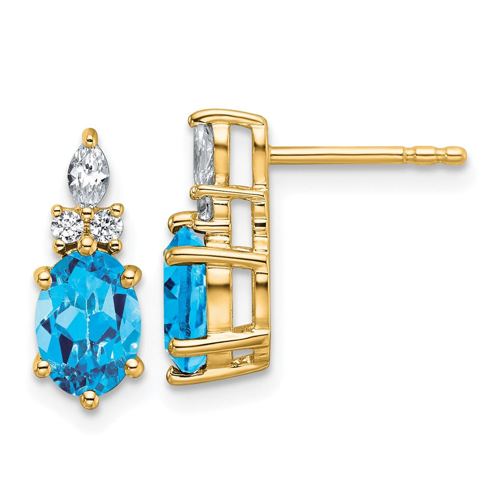 14K Yellow Gold Diamond and 7x5 Oval December/Blue Topaz Post Earrings