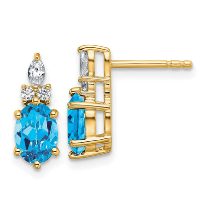 14K Yellow Gold Diamond and 7x5 Oval December/Blue Topaz Post Earrings