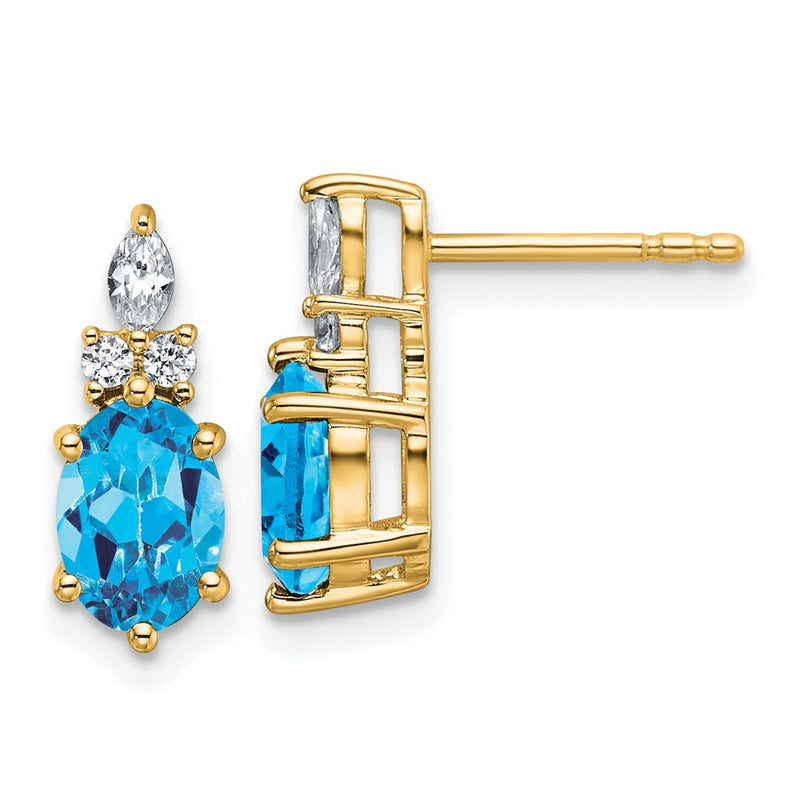 14K Yellow Gold Diamond and 7x5 Oval December/Blue Topaz Post Earrings