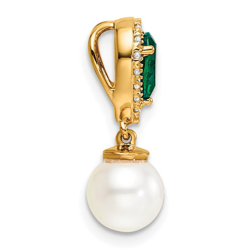 14K Yellow Gold 6-7mm Round Freshwater Cultured Pearl/Pear Emerald/Diamond Teardrop Chain Slide