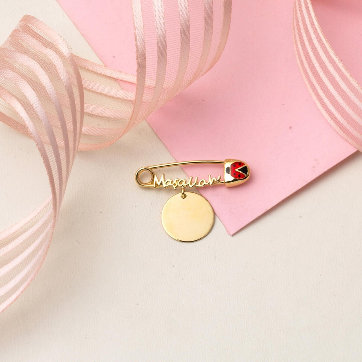 14K Green Gold Personalized Custom Text Mashallah Safety Pin