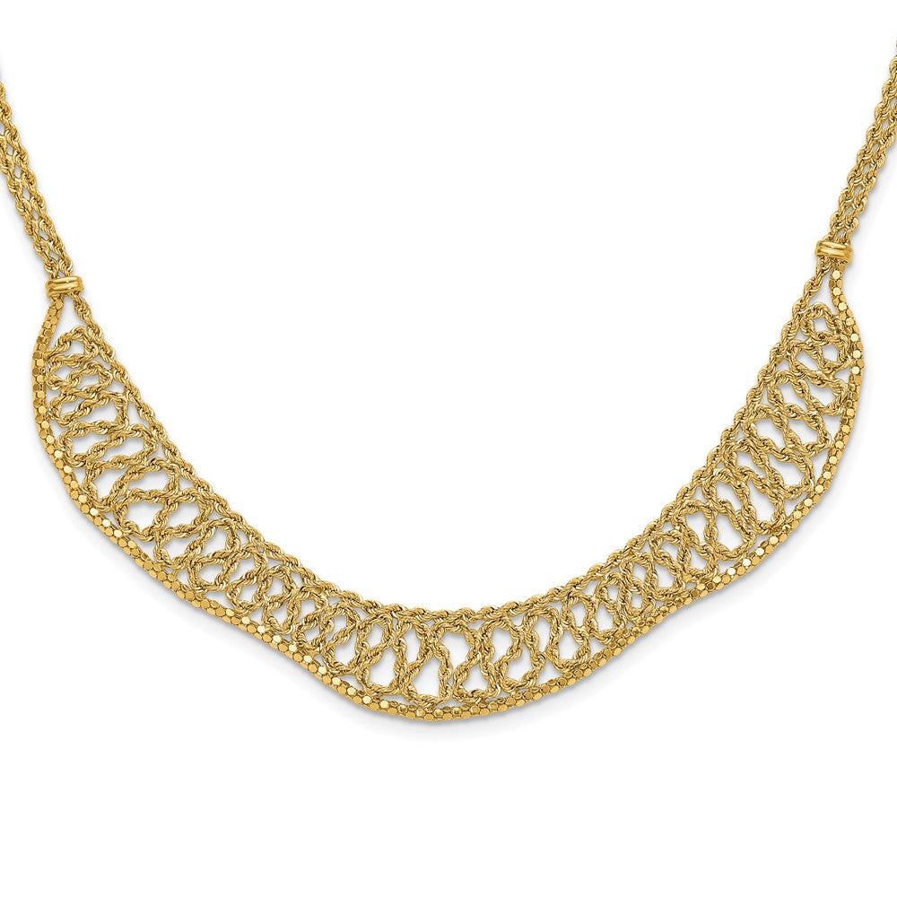 14K Yellow Gold Diamond-cut Braided Rope Chain Fancy Front Drape 17.25 Inch Necklace