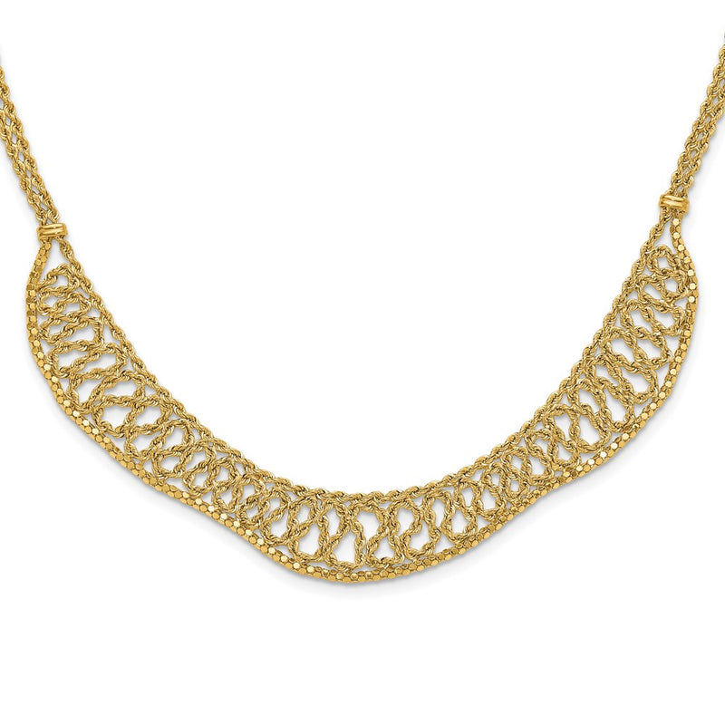 14K Yellow Gold Diamond-cut Braided Rope Chain Fancy Front Drape 17.25 Inch Necklace