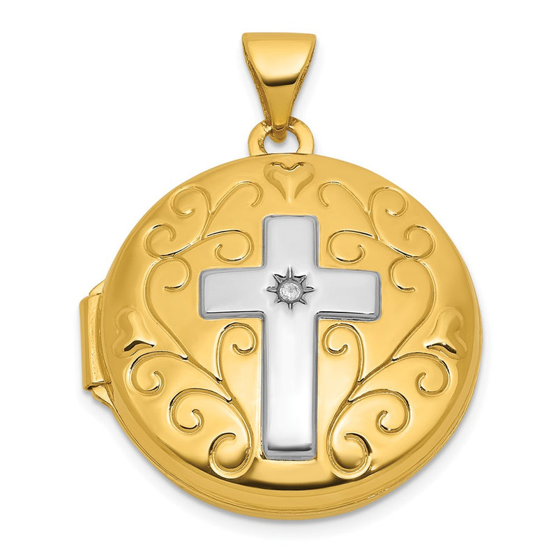 14K Yellow Gold and Rhodium Half Point Diamond Polished Cross 20mm Round Locket