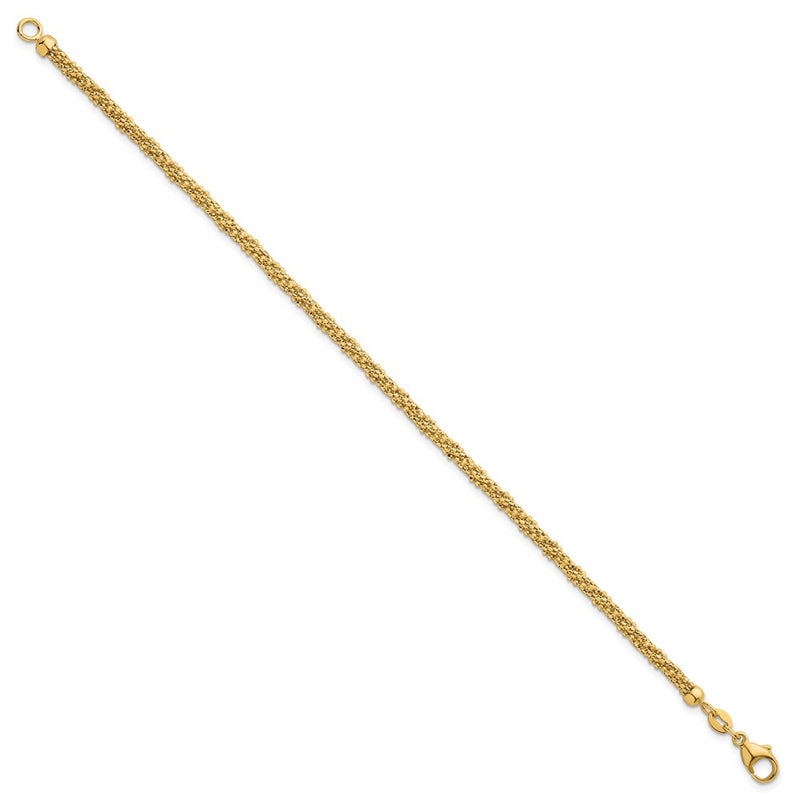 14K Yellow Gold Polished and Textured 3mm Twisted Mesh Fancy Beaded Chain Bracelet