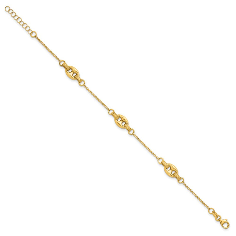 14K Yellow Gold Polished and Textured 10.6mm Greek Key Etched Link Chain Bracelet Plus Extender