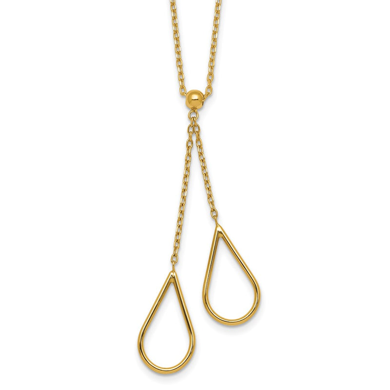 14K Yellow Gold Polished Two Teardrops Dangle 16 Inch Y-Necklace Plus 2 Inch Extender