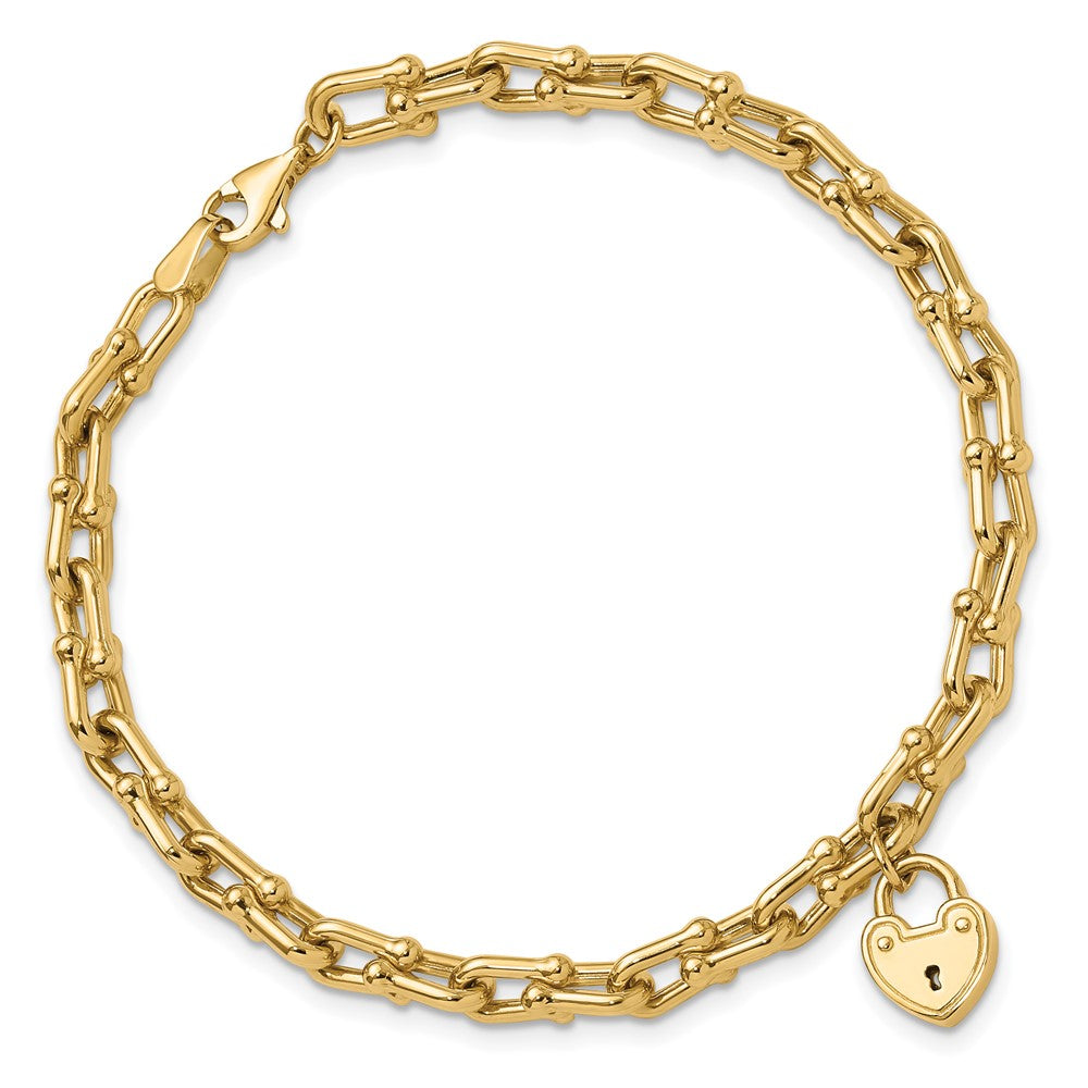 14K Yellow Gold Polished Heart Lock Charm Fancy Link 7.5 Inch Bracelet