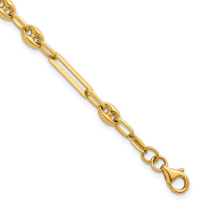 14K Yellow Gold Polished 4mm Fancy Paperclip and Puffed Anchor/Mariner Link Chain Bracelet