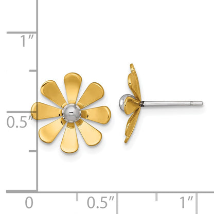 14K Yellow Gold Polished Daisy with Rhodium Center Post Earrings