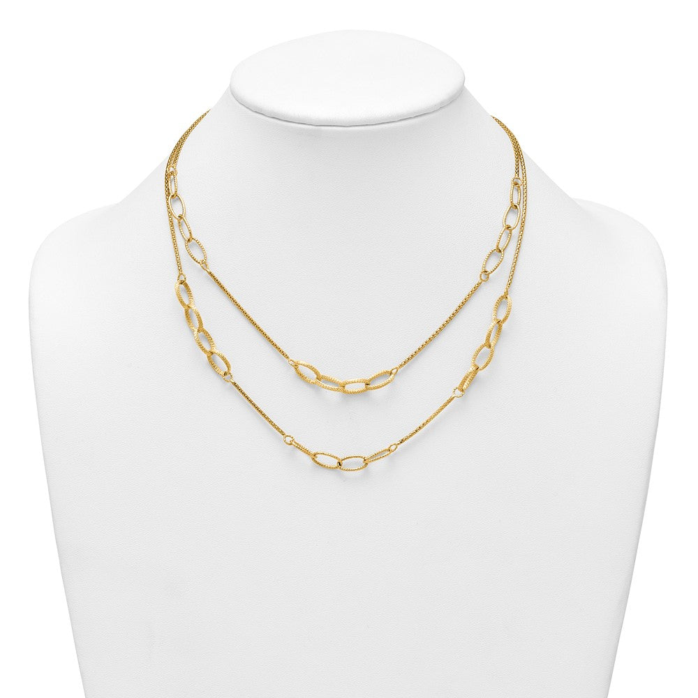 14K Yellow Gold Polished and Textured Woven Double Strand with Oval Links 17.5 Inch Necklace
