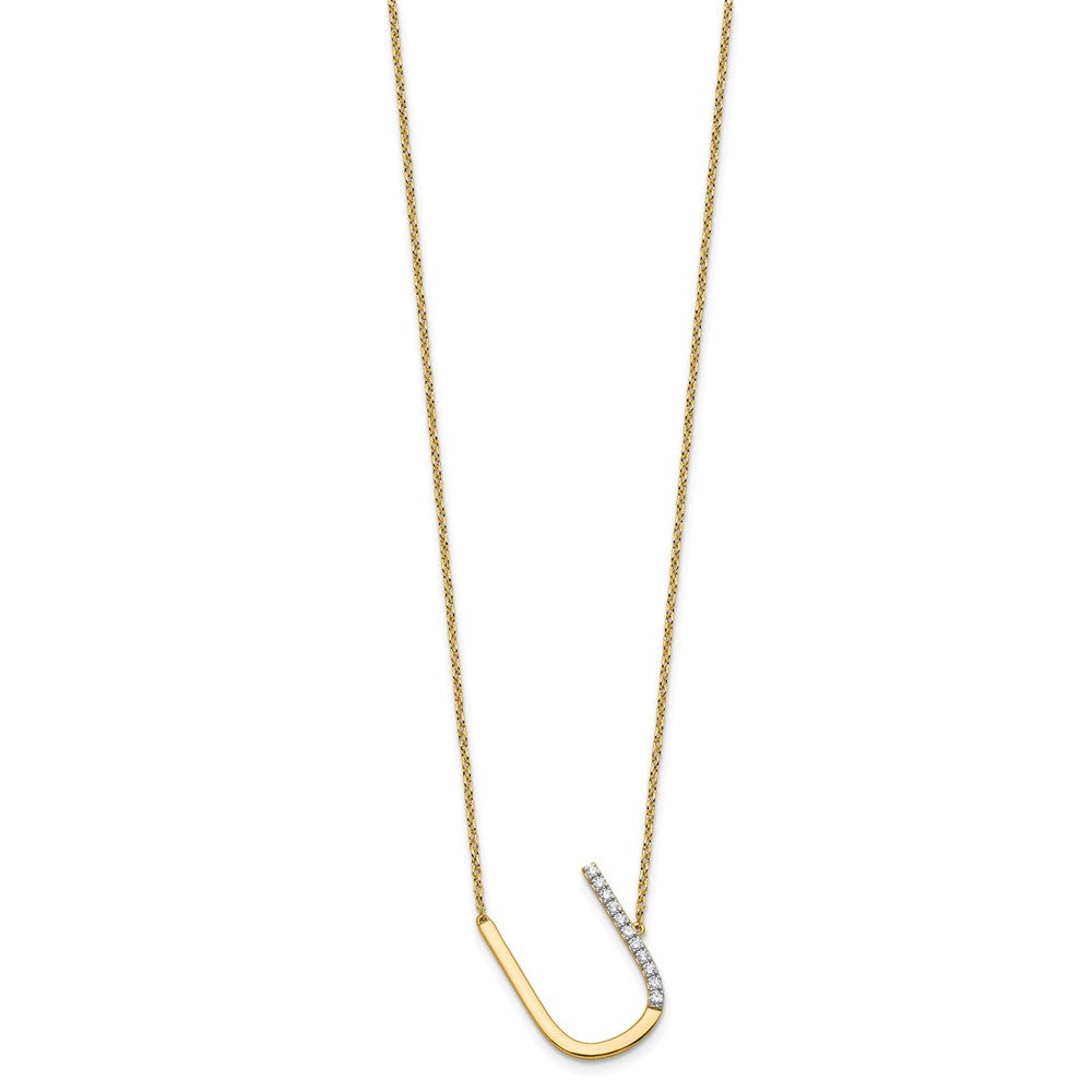 14K Yellow Gold Sideways Diamond Initial U 18 Inch Necklace