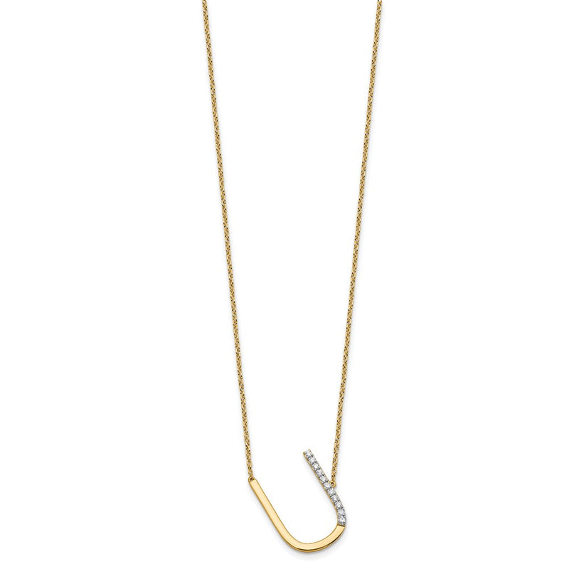 14K Yellow Gold Sideways Diamond Initial U 18 Inch Necklace