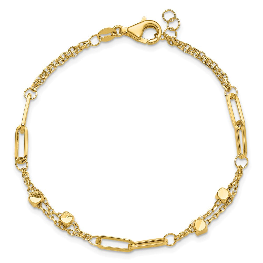 14K Yellow Gold Polished Square Beads and Paperclip Link 7 Inch Bracelet Plus 0.5 Inch Extender