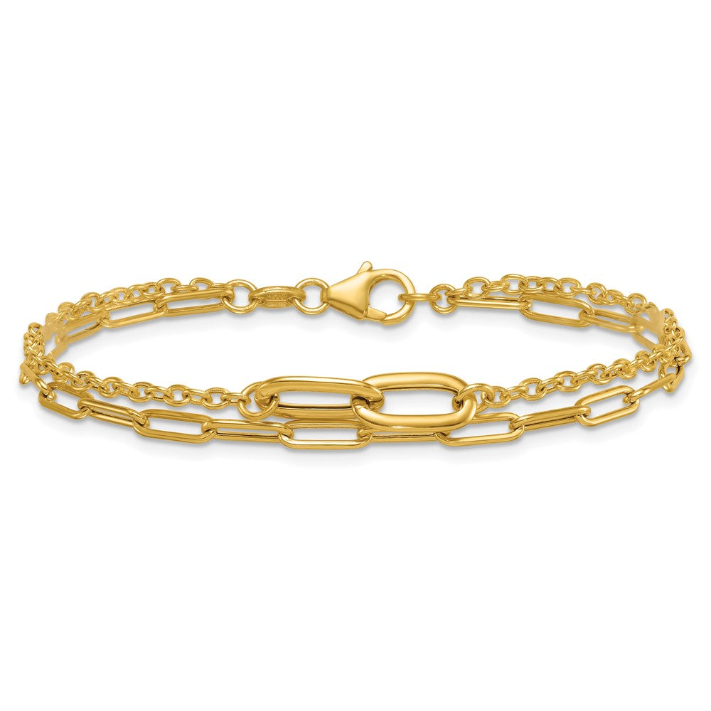 14K Yellow Gold Polished Paperclip and Oval Cable Link Double Strand Chain Bracelet