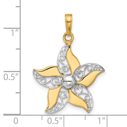 14K Yellow Gold and Rhodium Filigree Flower Pendant