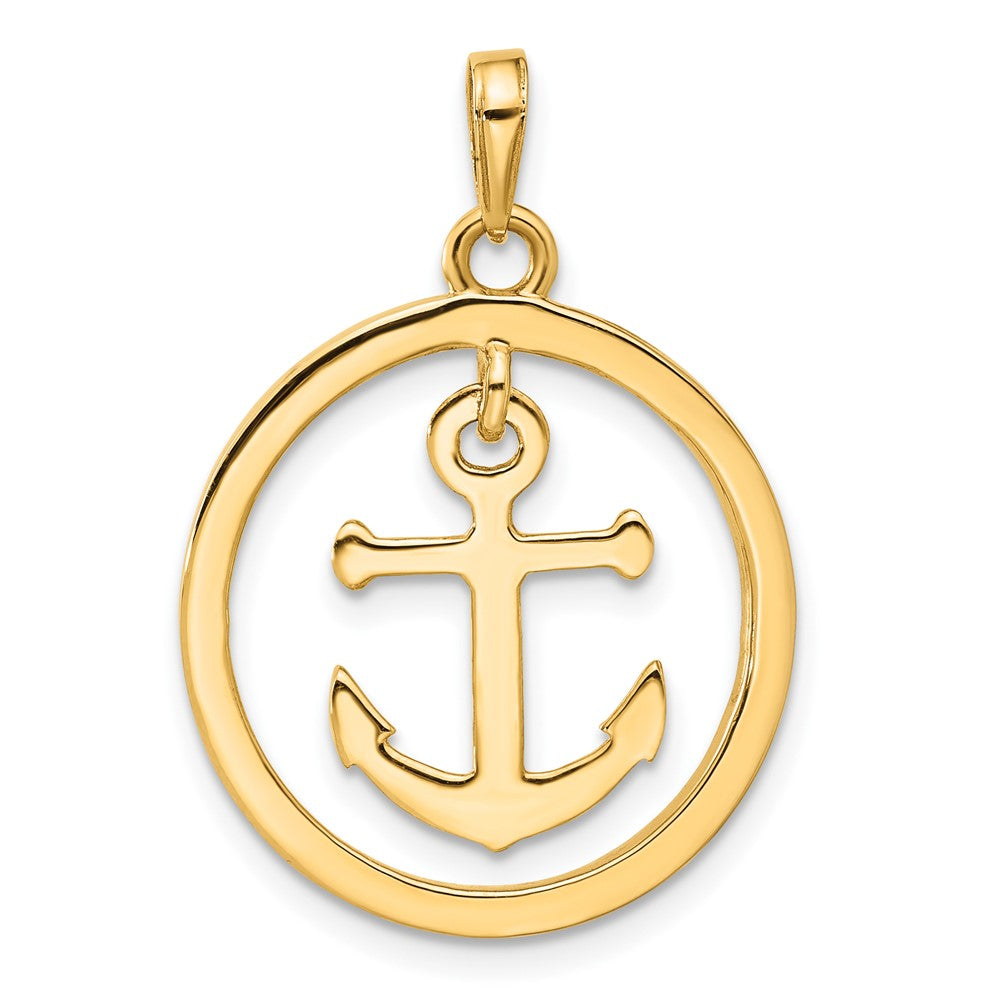14K Yellow Gold and Rhodium Diamond-cut Anchor Dangle in Circle Pendant