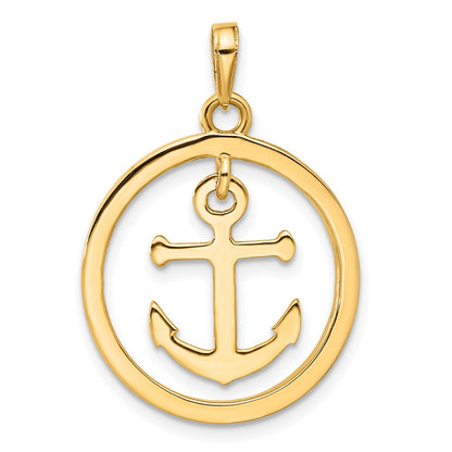 14K Yellow Gold and Rhodium Diamond-cut Anchor Dangle in Circle Pendant