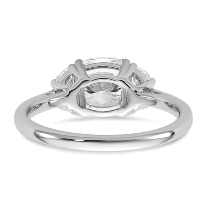 14K White Gold 1/2 carat Lab Grown Diamond VS/SI+ G+ Half Moon and 1 1/2 carat Cushion Center Semi Mount Three Stone Engagement Ring