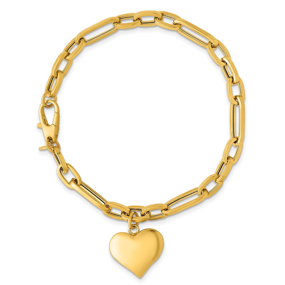 14K Yellow Gold Polished Paperclip Figaro Link With Puffed Heart Dangle 7.5 Inch Bracelet