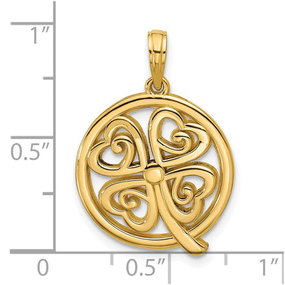 14K Yellow Gold Polished Four Leaf Clover in Circle Pendant