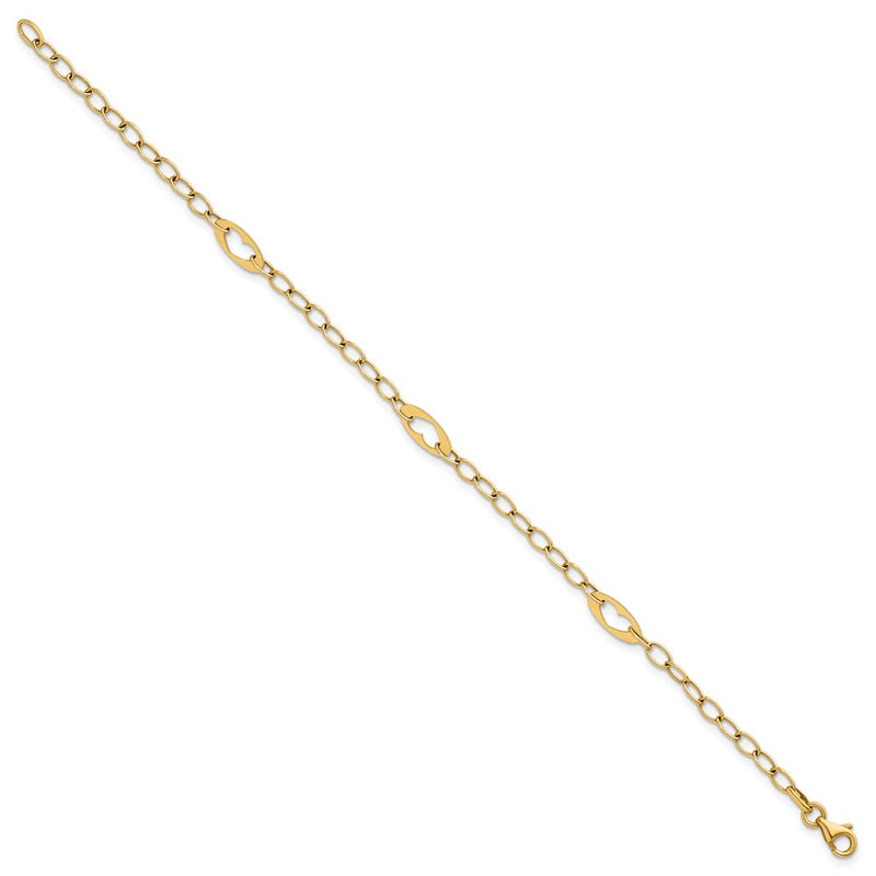 14K Yellow Gold Polished Cut-out Hearts and Cable Links 7.25 Inch Bracelet