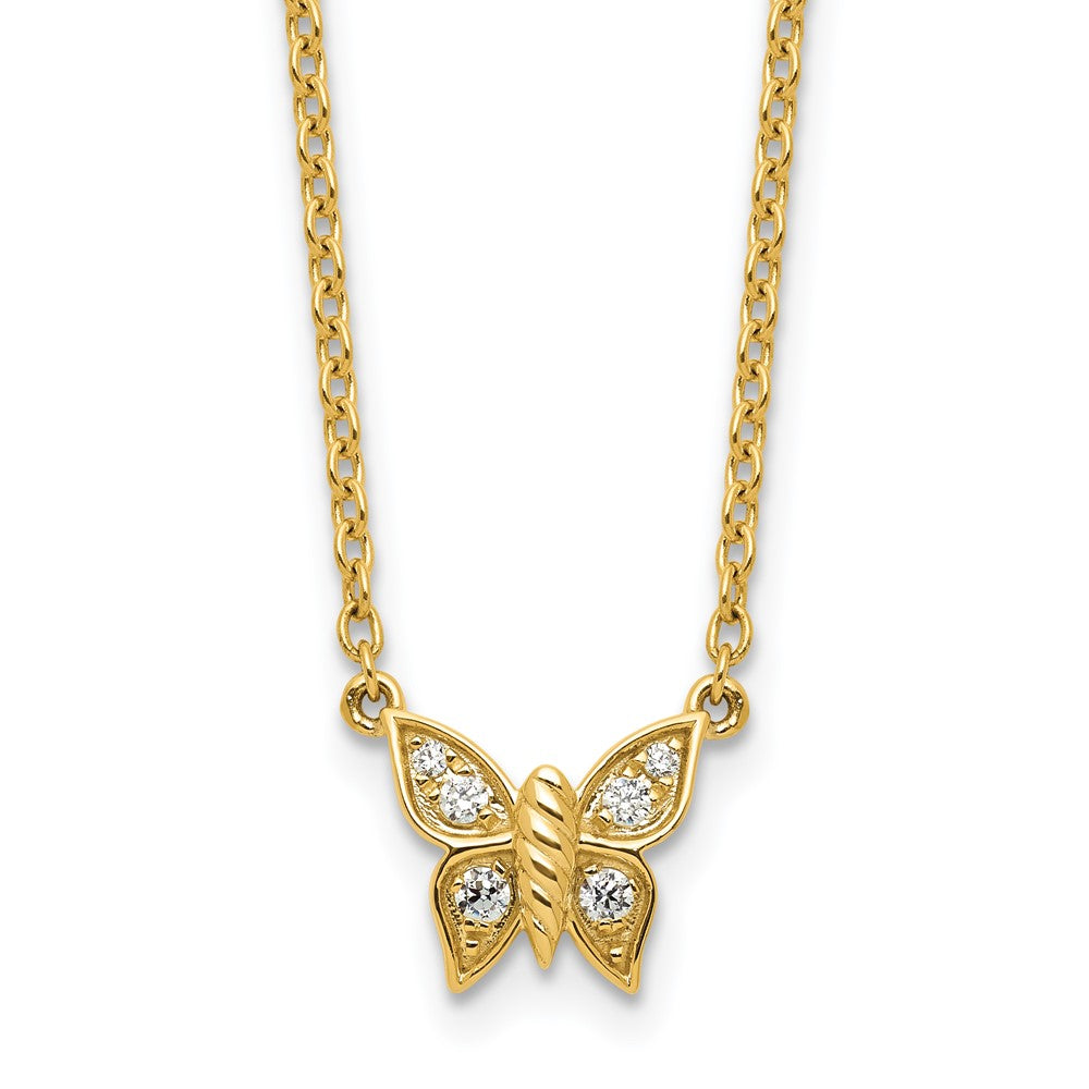 14K Yellow Gold Polished 1/10 carat Diamond Butterfly 18 Inch Necklace