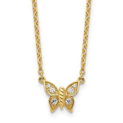 14K Yellow Gold Polished 1/10 carat Diamond Butterfly 18 Inch Necklace