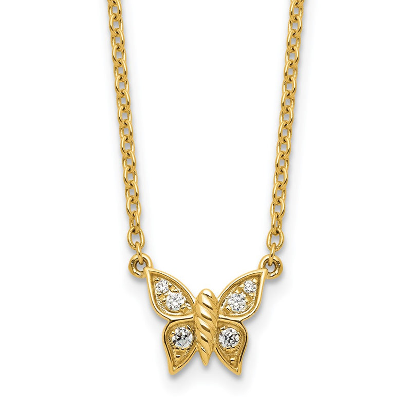 14K Yellow Gold Polished 1/10 carat Diamond Butterfly 18 Inch Necklace