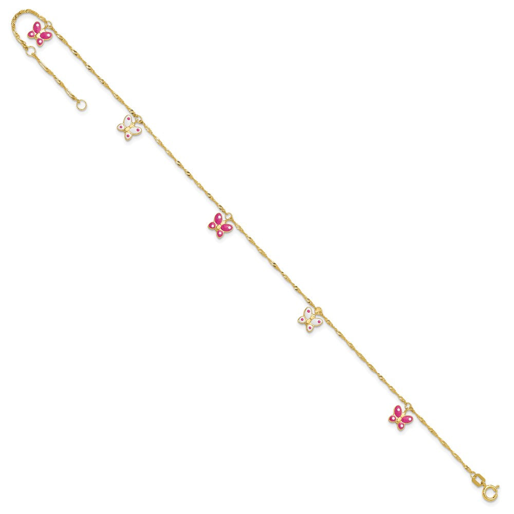 14K Yellow Gold Pink and Enameled Butterfly Dangles 9 Inch Plus 1 Inch Extender - Total 10 Inch Anklet
