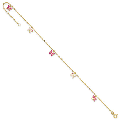 14K Yellow Gold Pink and Enameled Butterfly Dangles 9 Inch Plus 1 Inch Extender - Total 10 Inch Anklet