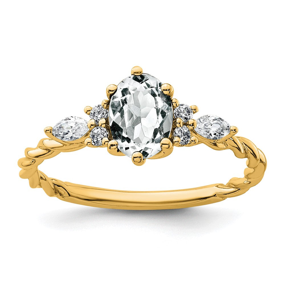 14K Yellow Gold Diamond and 7x5 Oval April/ Topaz Size 7 Twisted Ring