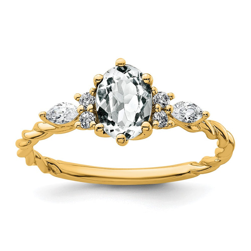 14K Yellow Gold Diamond and 7x5 Oval April/ Topaz Size 7 Twisted Ring