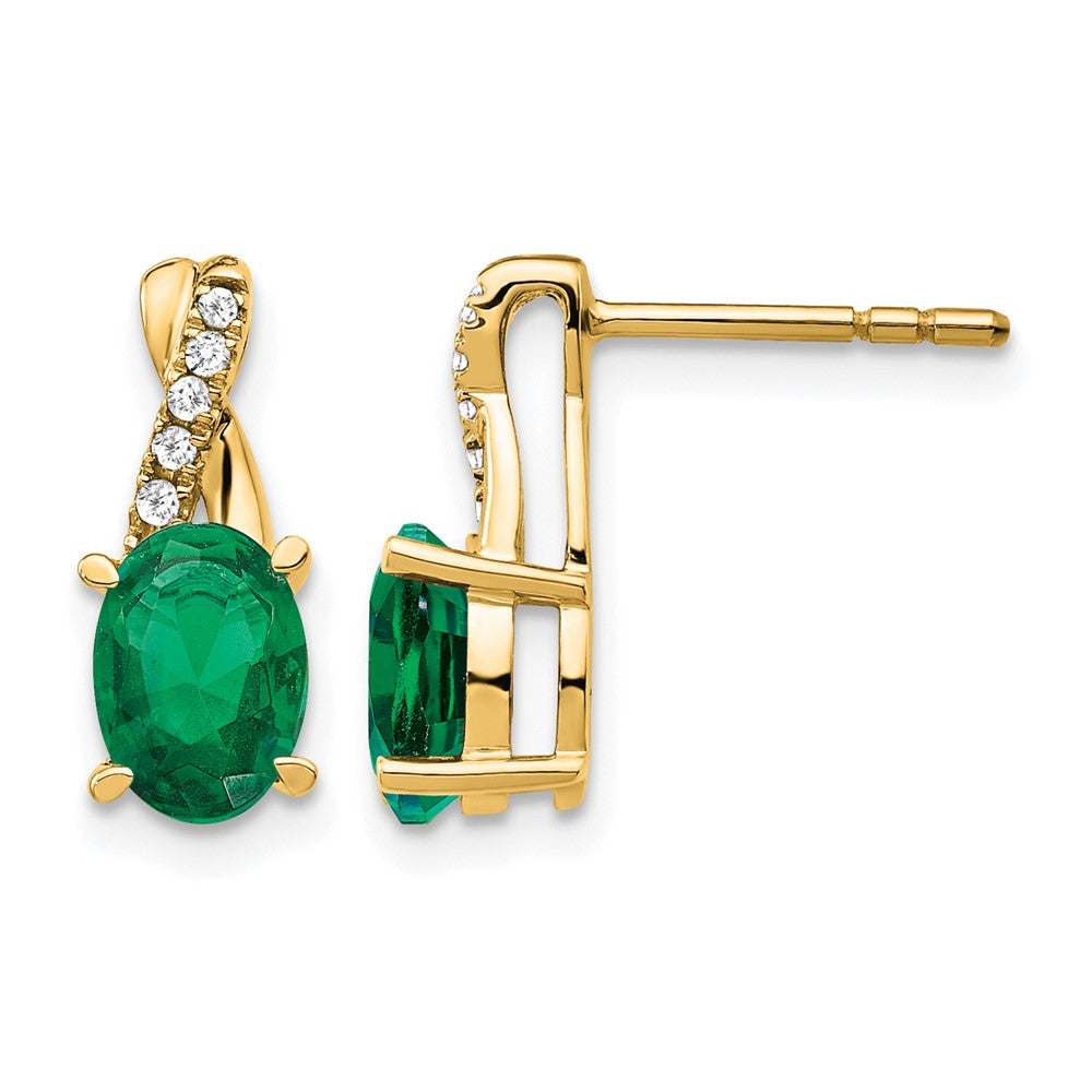 14K Yellow Gold 7x5 Oval May/Lab Created Emerald and Diamond Post Earrings