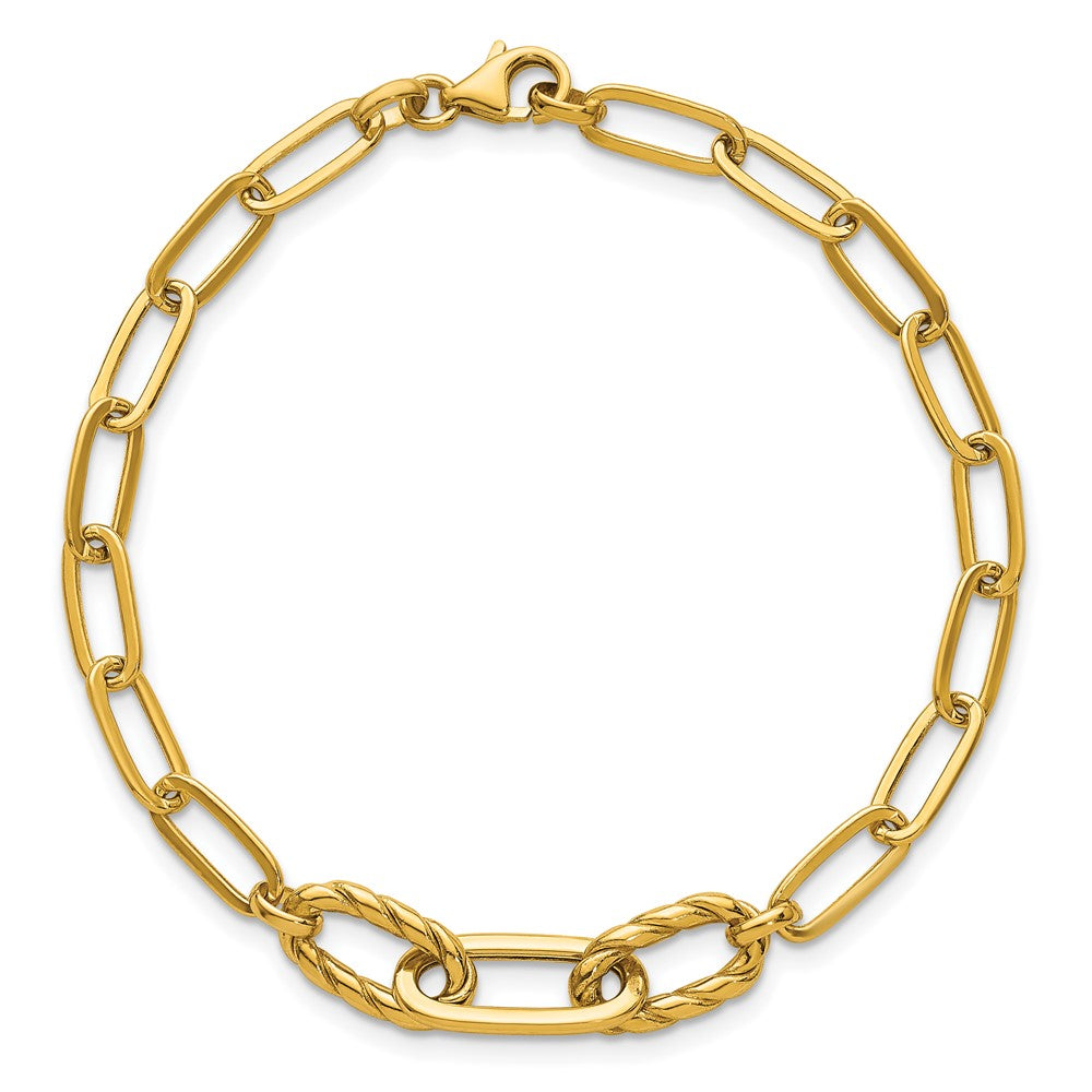 14K Yellow Gold Polished Fancy Oval and Twisted Link 7.5 Inch Paperclip Bracelet