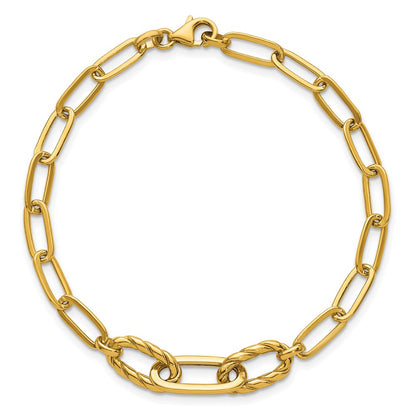 14K Yellow Gold Polished Fancy Oval and Twisted Link 7.5 Inch Paperclip Bracelet